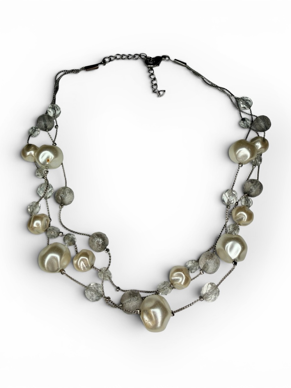 Triple-Strand Pearl and Crystal Necklace - Silver Tone